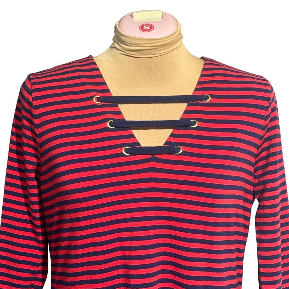 Michael Kors Striped Knit Dress Red & Navy V‑Neck Lace Up Preppy Gold Medium - Picture 3 of 11